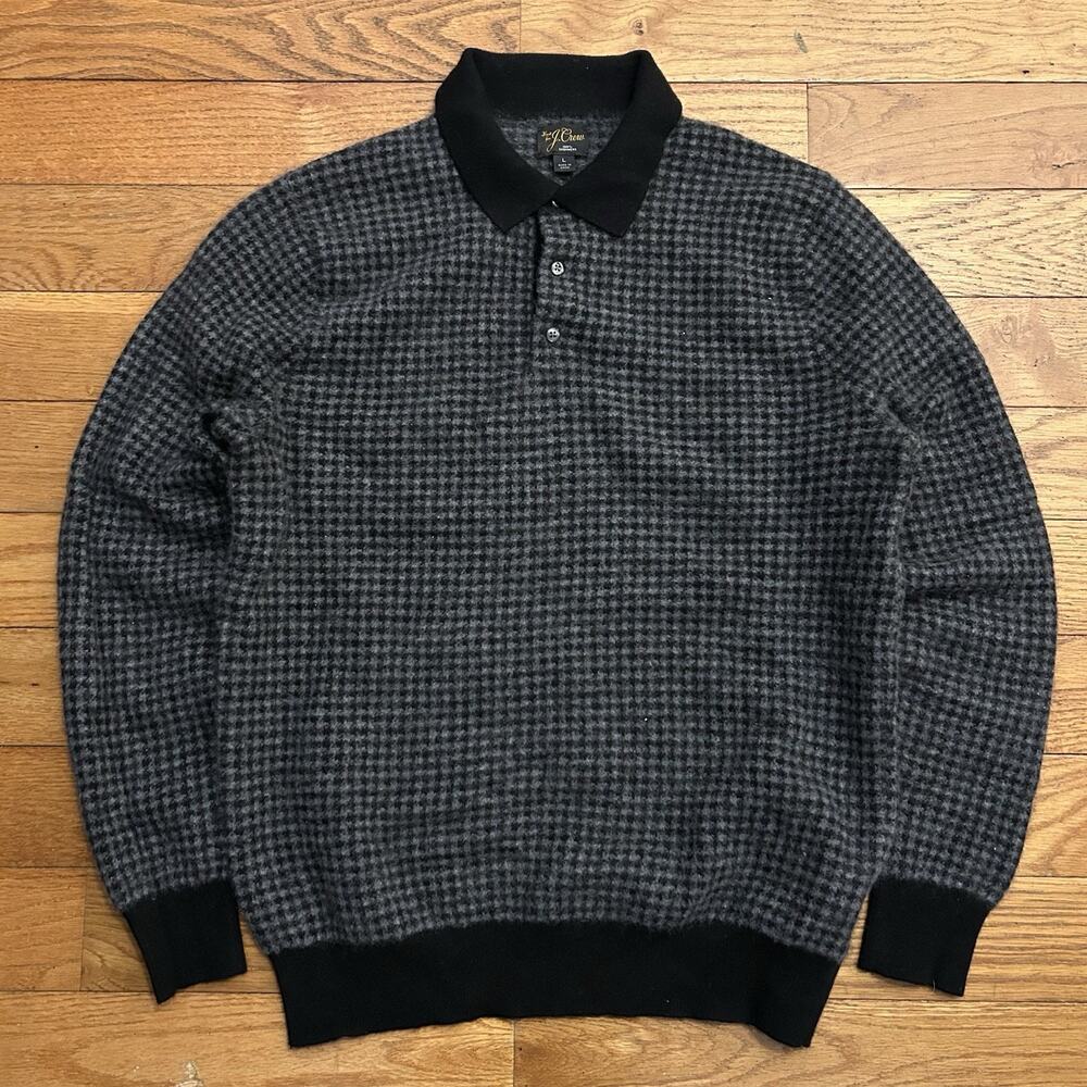 J. Crew Men’s Gray and Black Houndstooth Wool Crewneck Polo Sweater